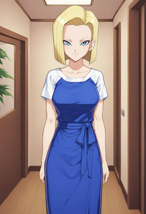 sysdeep_android18, 1girl, solo, breasts, looking_at_viewer, smile, short_hair, blue_eyes, blonde_hair, long_dress, indoor, <lora:Android 18 - [Dragonball] - XL Version 1:0.8>