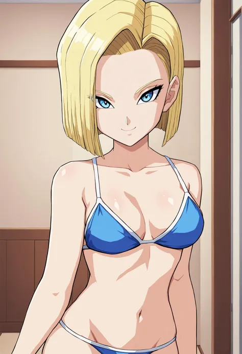 1girl, solo, drgbls1, android 18 naked, smug, luxury hotel room, laying on bed, armpits, body oil, (pubic_stubble):3.0, (romantic lighting), night, fit slim body, loving expression 