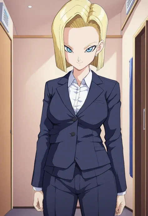 sysdeep_android18, 1girl, solo, breasts, looking_at_viewer, smile, short_hair, blue_eyes, blonde_hair, office_suit, indoor, <lora:Android 18 - [Dragonball] - XL Version 1:1>