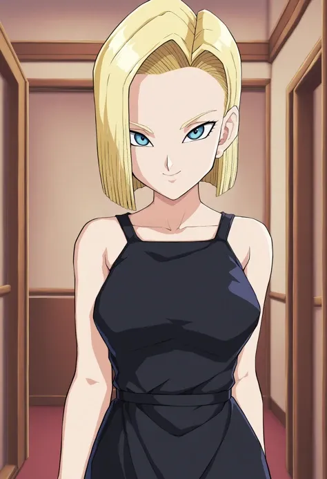 sysdeep_android18, 1girl, solo, breasts, looking_at_viewer, smile, short_hair, blue_eyes, blonde_hair, black_dress, indoor, <lora:Android 18 - [Dragonball] - XL Version 1:1>