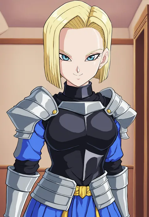 sysdeep_android18, 1girl, solo, breasts, looking_at_viewer, short_hair, blue_eyes, blonde_hair, cleavage, jewelry, medium_breasts, closed_mouth, standing, earrings, knight, armor, black_armor, castle, black_outfit, (perfect eyes), <lora:Android 18 - [Dragonball] - XL Version 1:1>