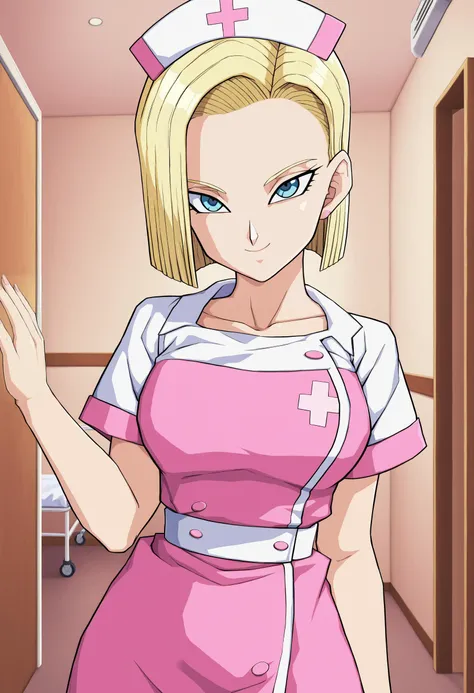 sysdeep_android18, 1girl, solo, breasts, looking_at_viewer, smile, short_hair, blue_eyes, blonde_hair, nurse_outfit, indoor, <lora:Android 18 - [Dragonball] - XL Version 1:1>