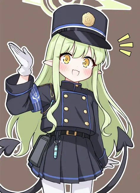 highlanderLeft, 1girl, solo, outline, long hair, demon tail, halo, looking at viewer, blush, smile, hand up, pleated skirt, white gloves, armband, long sleeves, two-tone background, brown background, notice lines, blue headwear, white pantyhose <lora:highlander_twins_dora_take_1-000016:1>