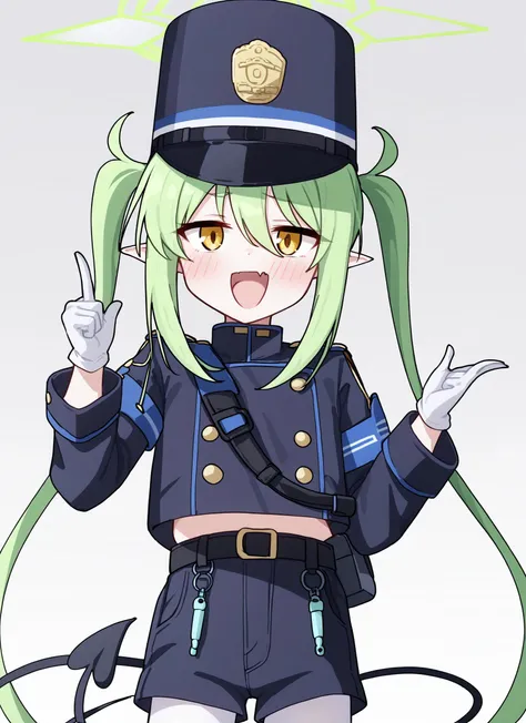 highlanderRight, 1girl, solo, upper body, long hair, hair between eyes, twintails, skin fang, demon tail, halo, looking at viewer, blush, open mouth, hand up, index finger raised, white background, white gloves, long sleeves, belt, uniform, blue headwear, shorts, white pantyhose <lora:highlander_twins_dora_take_1-000016:1>