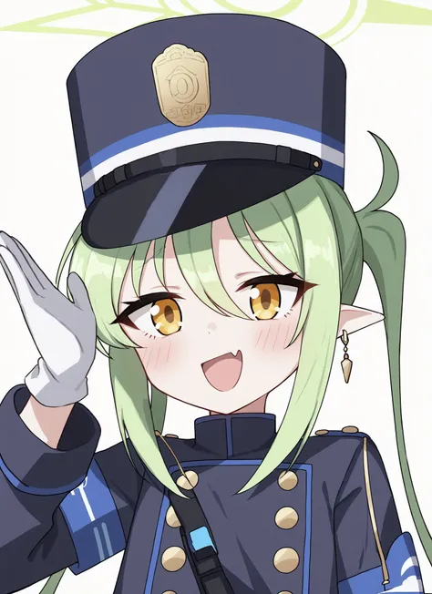highlanderRight, 1girl, solo, upper body, long hair, hair between eyes, ponytail, twintails, sidelocks, skin fang, halo, looking at viewer, blush, open mouth, :d, hand up, white background, white gloves, jewelry, buttons, earrings, long sleeves, blue headwear, uniform, shorts, white pantyhose <lora:highlander_twins_dora_take_1-000016:1>