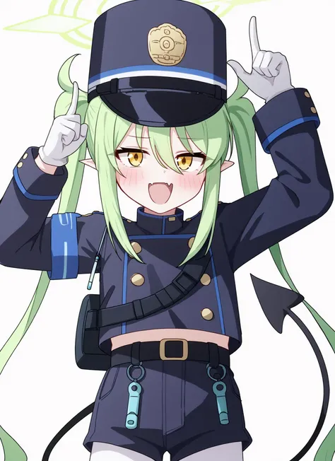 highlanderRight, 1girl, solo, upper body, long hair, hair between eyes, twintails, skin fang, demon tail, halo, looking at viewer, blush, open mouth, hand up, index finger raised, white background, white gloves, long sleeves, belt, uniform, blue headwear, shorts, white pantyhose <lora:highlander_twins_take_1-000016:1>