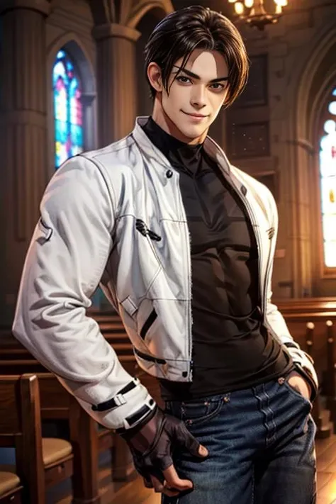 nestskyo, 1guy, solo, white jacket, fingerless gloves, black t-shirt, cross t-shirt, denim pants, medium shot, brown eyes, portrait, , handsome, smiling, charming, masterpiece, highres, detailed face,detailed eyes, smirk, at the church
<lora:KyoNests-000004:1>