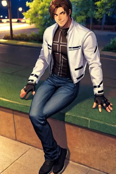 nestskyo, 1guy, solo, white jacket, fingerless gloves, black t-shirt, cross t-shirt, denim pants, medium shot, brown eyes,full body, handsome, , smiling, charming, sitting, at the park
<lora:KyoNests-000004:1>
