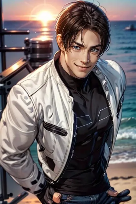 nestskyo, 1guy, solo, white jacket, fingerless gloves, black t-shirt, cross t-shirt, denim pants, medium shot, brown eyes, portrait, , handsome, , smiling, charming, masterpiece, highres, detailed face,detailed eyes, smirk, at the beach
<lora:KyoNests-000004:1>