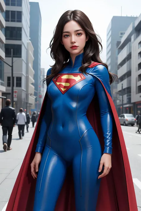 1 girl, supermansuit, blue bodysuit,cape, <lora:superyouya0:1>