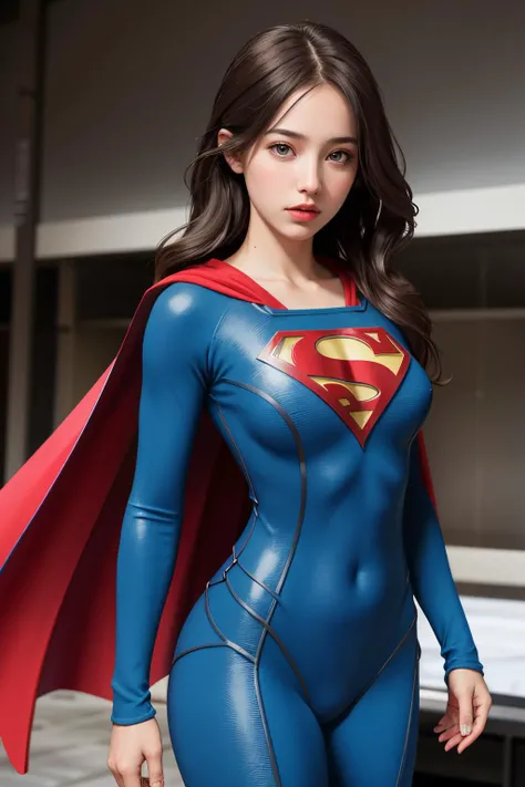 1 girl, supermansuit, blue bodysuit,cape, <lora:superyouya0:1>