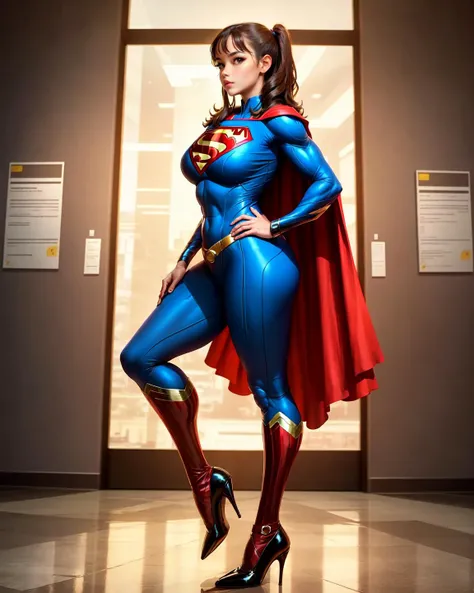 long shot, wide angle, full body photo of 1 girl, supermansuit, blue bodysuit,cape ,side view,  
huge breast, narrow waist, wide pelvic, thigh, calf, highheels,
museum <lora:superyouya0:1>