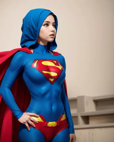 1 girl, supermansuit, blue bodysuit,cape ,side view, mosque <lora:superyouya0:1>