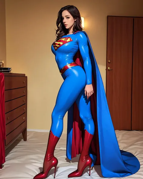 long shot, wide angle, full body photo of 1 girl, supermansuit, blue bodysuit,cape ,side view,
huge breast, narrow waist, wide pelvic, thigh, calf, highheels,
messy_room <lora:superyouya0:1>