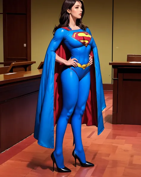 long shot, wide angle, full body photo of 1 girl, supermansuit, blue bodysuit,cape ,side view,
huge breast, narrow waist, wide pelvic, thigh, calf, highheels,
courtroom <lora:superyouya0:1>