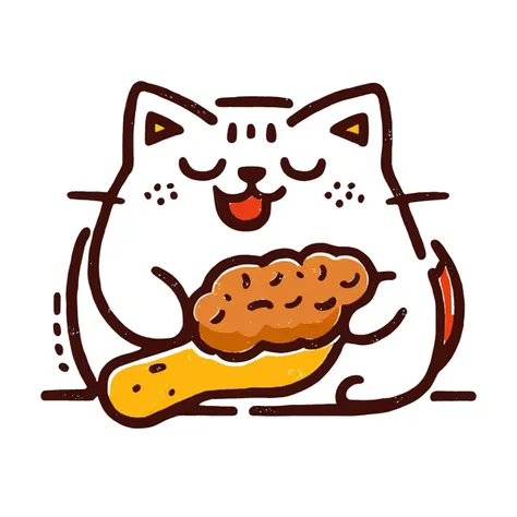 abstract style,	Brand Identity Design, Chubby cat, eats fried chicken, white background, Cartoon characters, Minimalist lines,non-representational, colors and shapes, expression of feelings, imaginative, highly detailed,