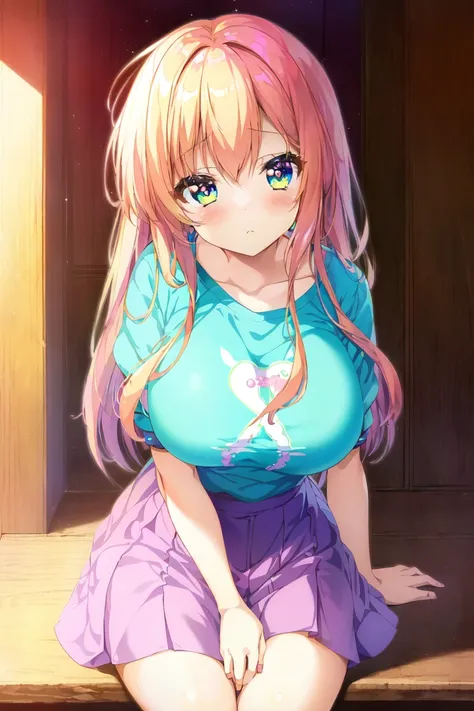 photo of a iom girl, (Background:<room:1.05), girlkawaii anime girl, 1girl, cant be this cut, large_breasts, 18 years old, beautiful detailed skin, detailed face, (t-shirt:1.1), skirt, shy, ((marvelous illustration)),