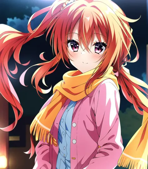 masterpiece, best quality, 1girl, <lora:inabaMeguruSabbatOfThe_inabaMeguru:1>, orange hair, red hair, red eyes, pink eyes, long hair, hair between eyes, scrunchie, very long hair, blue scrunchie, hair scrunchie, one side up, pink jacket, scarf,