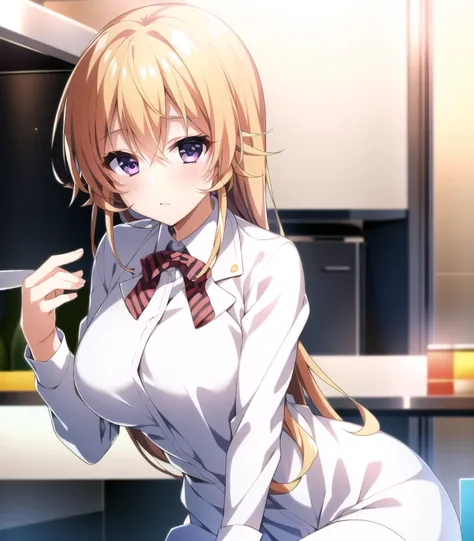 masterpiece, best quality, 1girl, <lora:nakiriErinaFoodWars_v1:1>, erina, chef outfit, white jacket, white pants