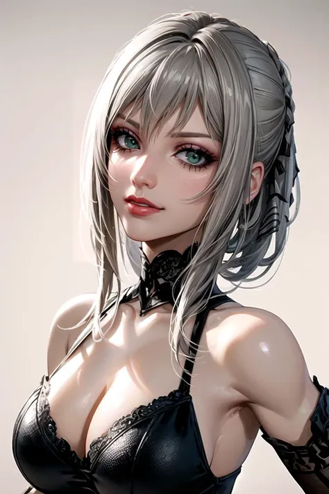 (high quality:1.3), highly detailed, (drawing, professional artwork, artstation), AraneaHighwind, looking at viewer, smirking, flirting, (cowboy shot:1.15), grey hair, lipstick, makeup, black eyeshadow, eyelashes, (ultra detail hair:1.1), ultra realistic hair, ultra detail face, green eyes, (perfect eyes, perfect face:1.1), black dress, (huge breasts:1.5), cleavage, <lora:AraneaHighwind:0.85> <lora:more_details:0.4>