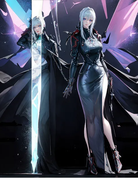 professional portrait photo of woman, epic work, by Yanjun Cheng, waist, neon-sword in the arms, fashion pose, curvy, chains as decoration, hands in front of, pastel, (transparent turtleneck:1.2), emotional damage, mountainside, cliff, final fantasy xv, (giant cristal on background:1.1),
full body, <lora:AraneaHighwind:1.2>, by Warren Ellis