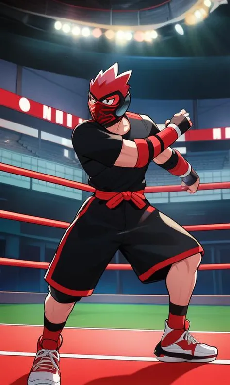 1man, red hair irish, skinny, thin, fit,  with full hood and face mask, wearing luchador mask, wrestling mask, wrestling outfit fully covered body,  style-empire, <lora:sugimori_ken_style_2:0.8> dark skin, fingerless gloves, freckles, game freak, sugimori ken \(style\) looking at viewer, nintendo, official art, pokemon, pokemon \(game\), pokemon swsh,  brawly (pokemon), dojo gym background, stadium, fully clothed, pants, black sleeves, pokeball in hand