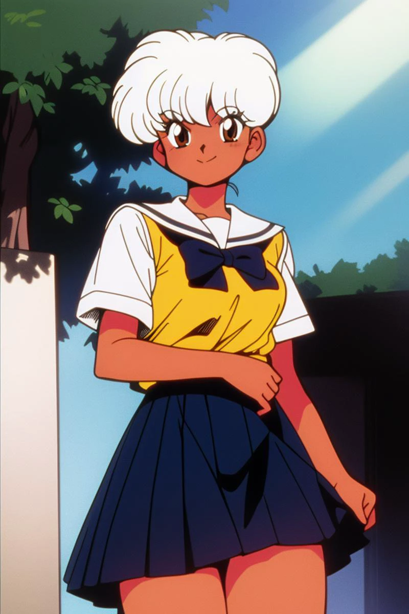 ((masterpiece,best quality)),(80sanimestyle), 1girl, solo, dress, close-up, ranma 1/2, (white hair), (dark skin), short hair, smile, brown eyes, closed mouth, school uniform, sunlight,