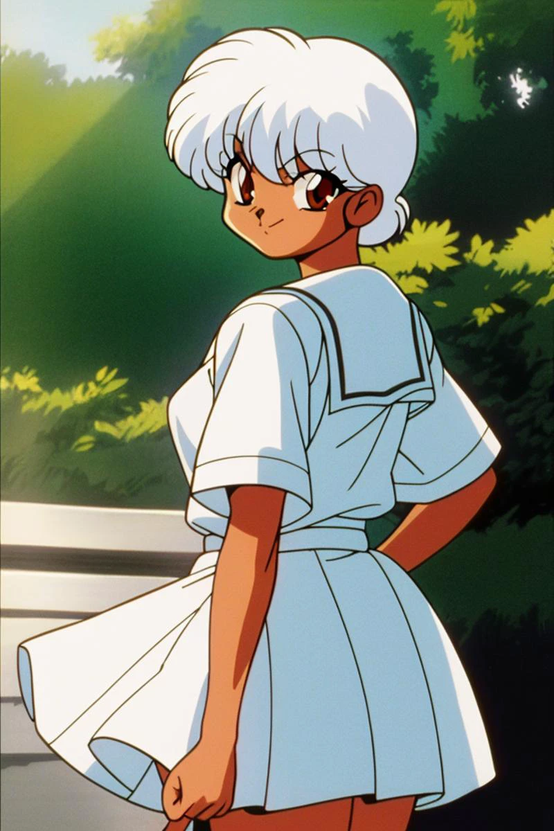((masterpiece,best quality)),(80sanimestyle), 1girl, solo, dress, close-up, ranma 1/2, (white hair), (dark skin), short hair, smile, brown eyes, closed mouth, school uniform, sunlight,