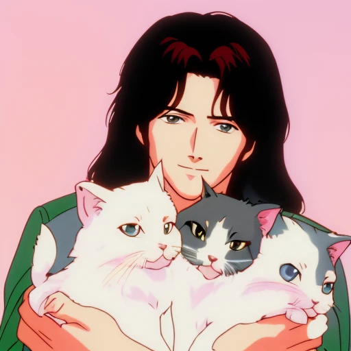 head and shoulders glamour portrait of keanu reeves smiling at the camera and cradling a half dozen kittens in his arms, pastel colored background, anime, art, 80sanimestyle