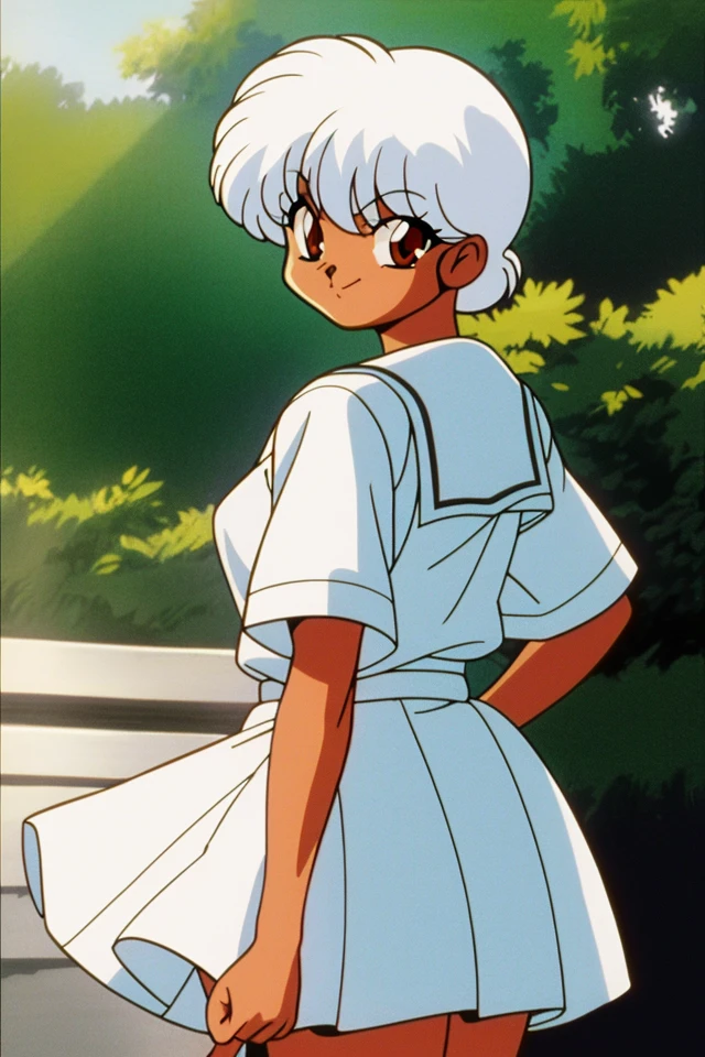 ((masterpiece,best quality)),(80sanimestyle), 1girl, solo, dress, close-up, ranma 1/2, (white hair), (dark skin), short hair, smile, brown eyes, closed mouth, school uniform, sunlight,