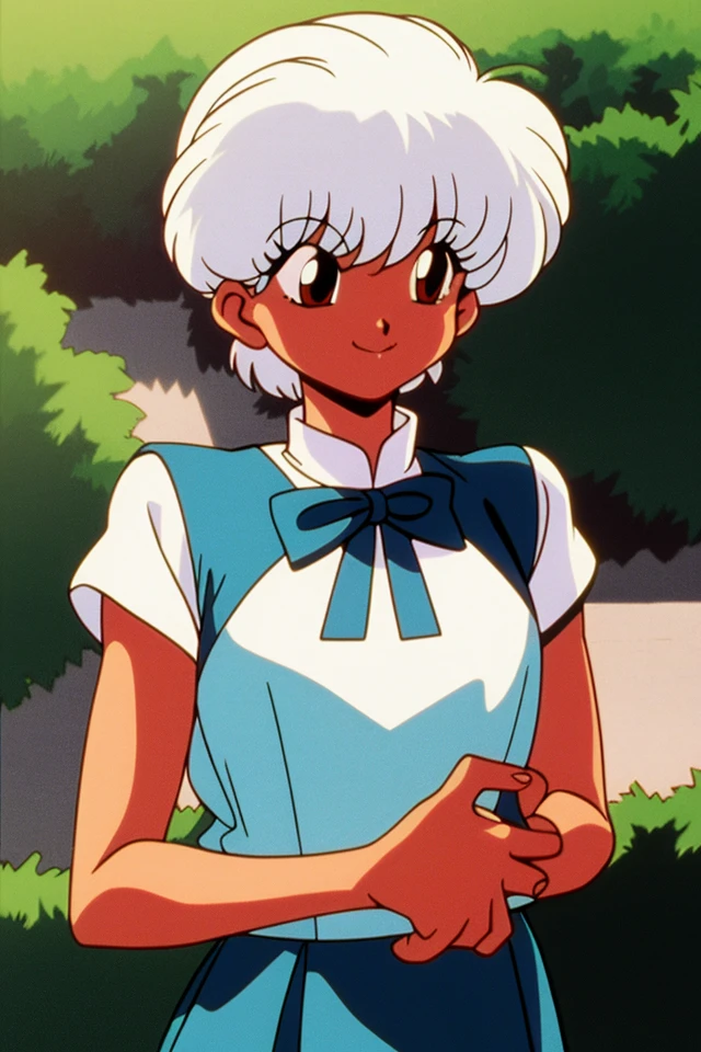 ((masterpiece,best quality)),(80sanimestyle), 1girl, solo, dress, close-up, ranma 1/2, (white hair), (dark skin), short hair, smile, brown eyes, closed mouth, school uniform, sunlight,