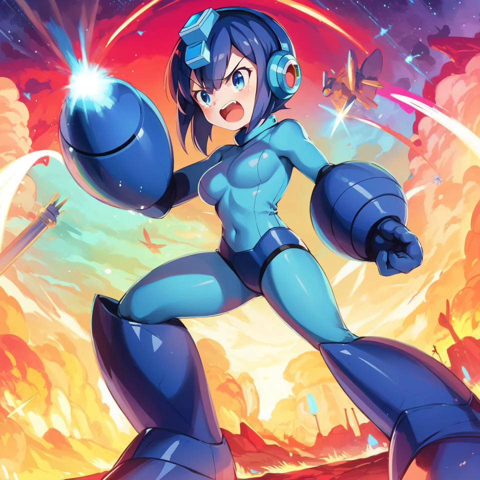 <lora:Megaman1-10:0.6>,anime,masterpiece, best quality,8k,cg,good anatomy,(teenager),(1girl:1.7),solo,megaman,medium breasts,blue eyes,android,arm cannon,bodysuit,open mouth,angry,science fiction, full body,beautiful,megaman \(style\),armor,thick foot,dramatic,