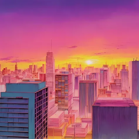 sunset, city, pink sky, 80sanimestyle, illustration, pastel, anime