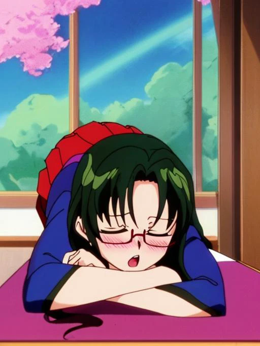 anime artwork a lewd lady with long messy hair, wearing glasses and tight skirt with pantyhose, nose blush, half-closed eyes, open mouth, lying on the desk, spreading legs, front view, full body, solo, 80sanimestyle, sfw . anime style, key visual, vibrant, studio anime, highly detailed