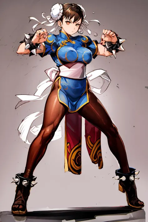 masterpiece, beautiful, 1girl, Chun li, street fighter, boots, bracelet, brown eyes, brown hair, brown pantyhose, bun cover, blue china dress, chinese clothes. cross-laced footwear, double bun, dress, fighting stance, full body, hair bun, jewelry, pantyhose, pelvic curtain, sash, short hair, solo, spiked bracelet, spikes, blue dress, dojo background
