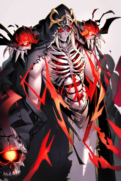 masterpiece, best quality, skeleton mage,lich, skull, red eyes, glowing eyes, hood, skull, ribs, robe, skeleton, skull, solo, torn clothes, undead, grey background, simple background