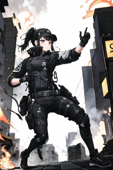 <lora:MakiOze:0.7>, MakiOze, 1girl, full body, <lora:urbanSamurai_V03:0.7>, techwear jacket, black gloves, tactical vest, with buckle and tape, burning city background, <lora:FirevfxCreateMore_v2:0.5>