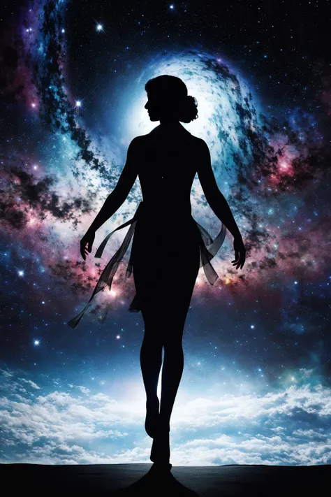 RAW photo of a Universe on a silhouette women , fullbody, masterpiece, best quality,