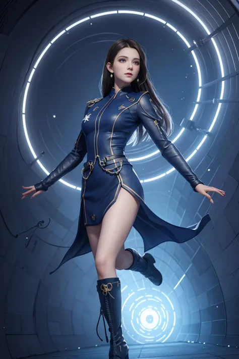 (masterpiece:1.2), high quality, (detailed:1.1), 8k, uhd, (sci-fi:1.1), octane render, a woman, supermodel, busty, beautiful face, military robe with boot and legwear, long hair, straight hair, power pose, activated circle warp portal tunnel background, haze, blue light, sparks, wires, spiral