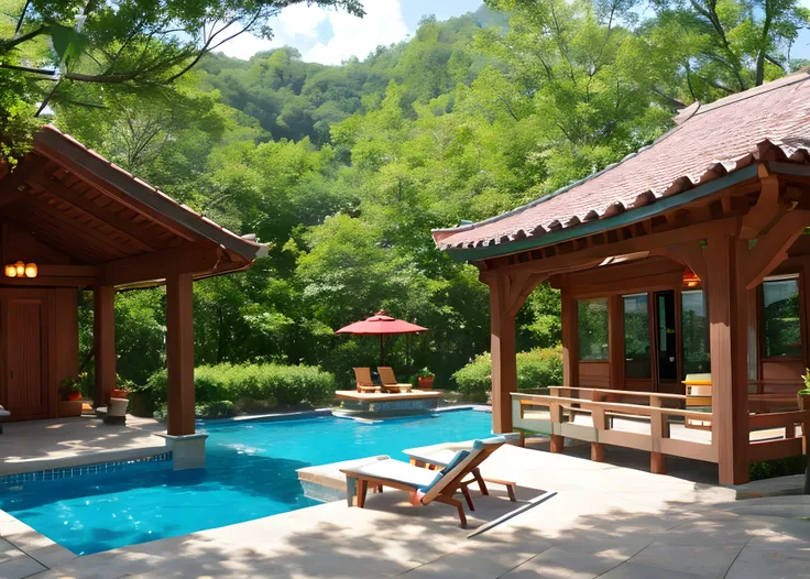 pool amid japanesse outdoor building
