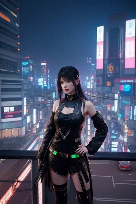 Cyberpunk woman with outfit on neon tokyo rooftop by Greg Rutkowski, Sung Choi, Mitchell Mohrhauser, Maciej Kuciara, Johnson Ting, Maxim Verehin, Peter Konig, final fantasy, mythical, 8k photorealistic, cinematic lighting, HD, high details, atmospheric,
