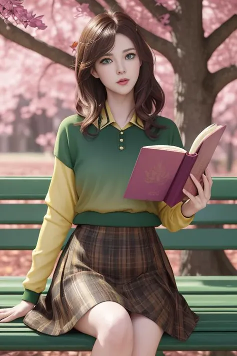 digital concept art, speed paint, 1man, looking at the book, highly detailed portrait, intricate and detailed and ((bigger) (bright green eyes), reading a book in a park bench, beautiful Oak trees in autumn, (golden-brown) hair by atey ghailan, by greg rutkowski, by greg tocchini, by james gilleard, by joe fenton, by kaethe butcher, gradient yellow, black, colorful and brown and magenta color scheme, grunge aesthetic