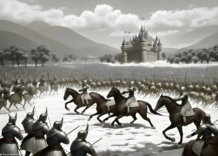 A fierce medieval battle scene, with knights on horseback, archers readying their bows, and a castle in the distance