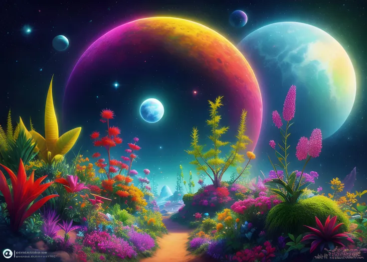 Astronauts exploring a new planet filled with alien plants and creatures. Bright, vibrant colors