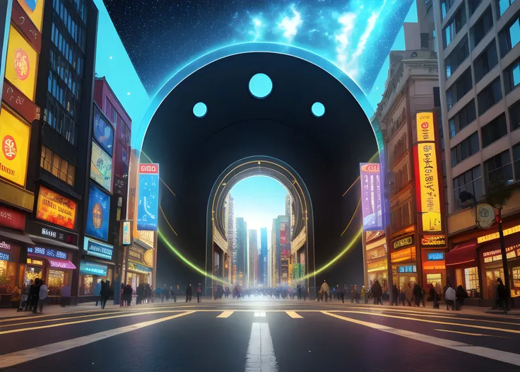 Time Portal Opening in a City Street": Imagine a wormhole or time portal opening right in the middle of a bustling city street, symbolizing discovery and new experiences.