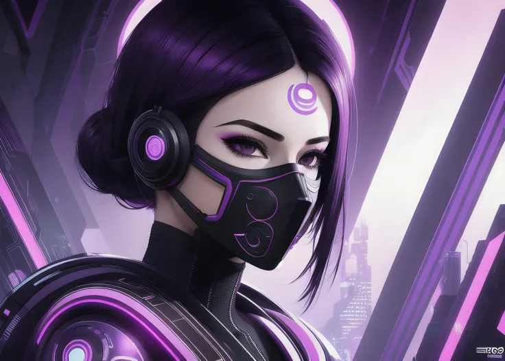 a woman with a mask on her face and a purple background with circles and lines around her face and a black and white mask, Android Jones, game art, cyberpunk art, neo-figurative