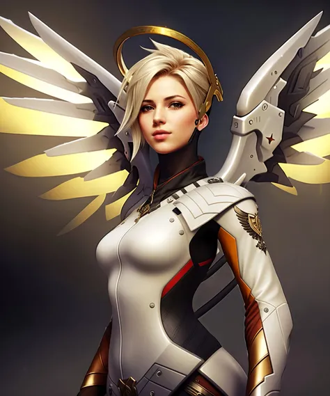 (dark theme:0.9), a woman, mercy, wings, posing, by conor harrington <lora:Mercy:0.85>, (hdr:1.22), muted colors, complex background, hyperrealism, hyperdetailed, amandine van ray