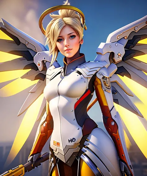 Overwatch art style, Mercy, 1 girl, ((bimbo))), long blond hair, blue eyes, thick lips, erotic smile face, wide hips, thick thighs, thick, huge fake breast, huge round ass, oily shiny skin, white suit, cleavage, posing,