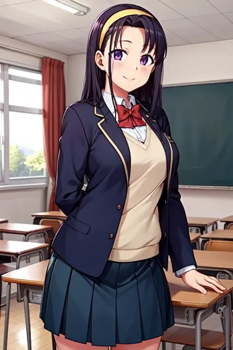 great quality, (ultra high res, ultra detailed, high resolution, highly detailed, 4k, 8k), (best quality, masterpiece), an extremely delicate and beautiful, seductive smile, sensual face, Akino_Sakagami_SaiminSeishidou, curvy, school_uniform, Blue_jacket, red_bowtie, pleated_skirt, long sleeves, black_hair, purple_eyes, Long_hair, Yellow_hairband, Bangs, school, classroom, kyoushitsu, indoors, school chair, school desk, chalkboard, window, ceiling light, curtains, <lora:å¬ç æ§æå° åä¸æä¹ Akino_Sakagami_SaiminSeishidou-KK77-V2:0.6>, <lora:å¬ç æ§æå° åä¸æä¹ AkinoSakagami_Seishidou-V1:0.2>, <lora:妿 ¡ã®æå®¤ kyoshitsu_SD15_V3:0.6>,