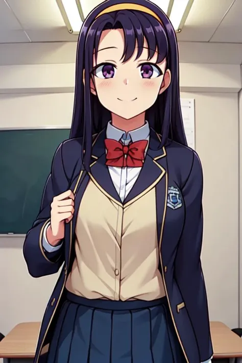 great quality, (ultra high res, ultra detailed, high resolution, highly detailed, 4k, 8k), (best quality, masterpiece), an extremely delicate and beautiful, seductive smile, sensual face, Akino_Sakagami_SaiminSeishidou, school_uniform, Blue_jacket, red_bowtie, pleated_skirt, long sleeves, black_hair, purple_eyes, Long_hair, Yellow_hairband, Bangs, school, classroom, kyoushitsu, indoors, school chair, school desk, chalkboard, window, ceiling light, curtains, <lora:å¬ç æ§æå° åä¸æä¹ Akino_Sakagami_SaiminSeishidou-KK77-V2:0.6>, <lora:å¬ç æ§æå° åä¸æä¹ AkinoSakagami_Seishidou-V1:0.2>, <lora:妿 ¡ã®æå®¤ kyoshitsu_SD15_V3:0.6>,